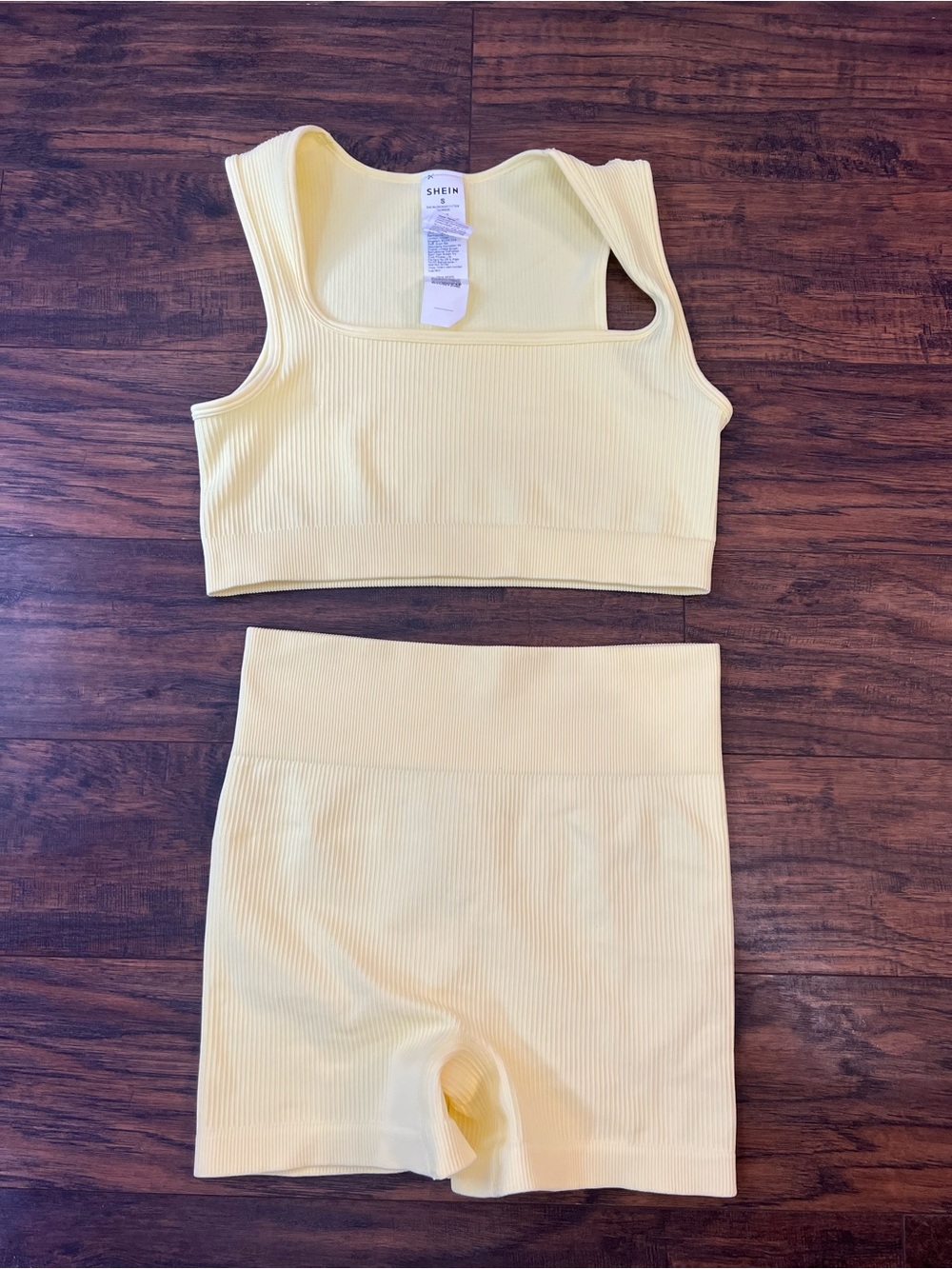SHEIN Pastel Yellow Ribbed Square-Neck Sports Bra & High-Waist Shorts Set